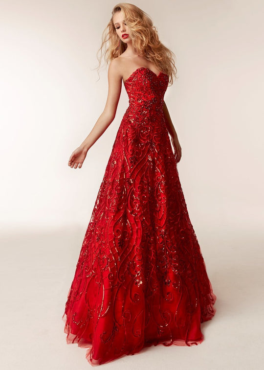 Jasz Couture - 6206 Embellished Strapless Sweetheart A-line Gown In Red
