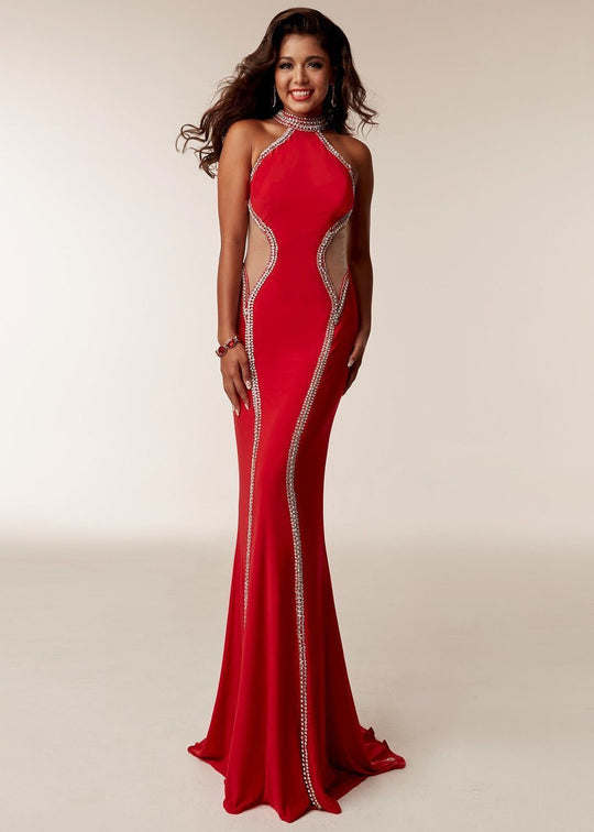 Jasz Couture - 6208 High Halter Contoured Jewel-Trimmed Panel Gown In Red