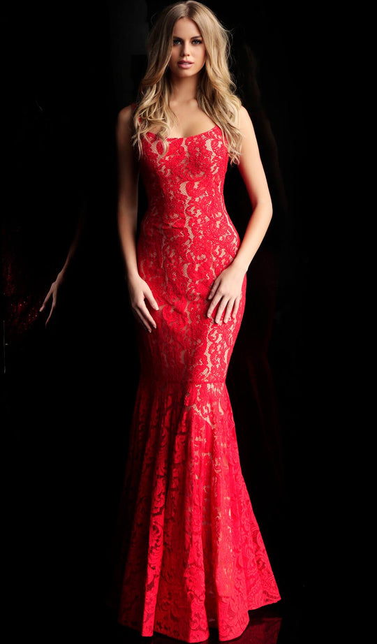 Jovani - 62133 Embellished Lace Scoop Neck Mermaid Dress in Red