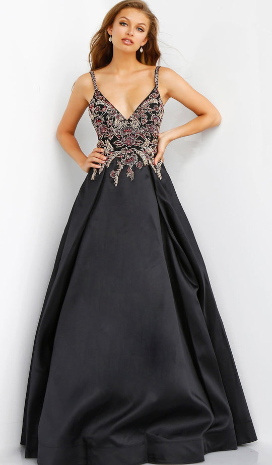 Jovani - 62140 Embellished Plunging V-neck Ballgown In Black and Multi-Color