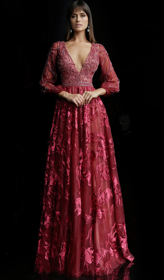 Jovani - 62143 Plunging V-Neck Floral Embroidered Long Gown In Red