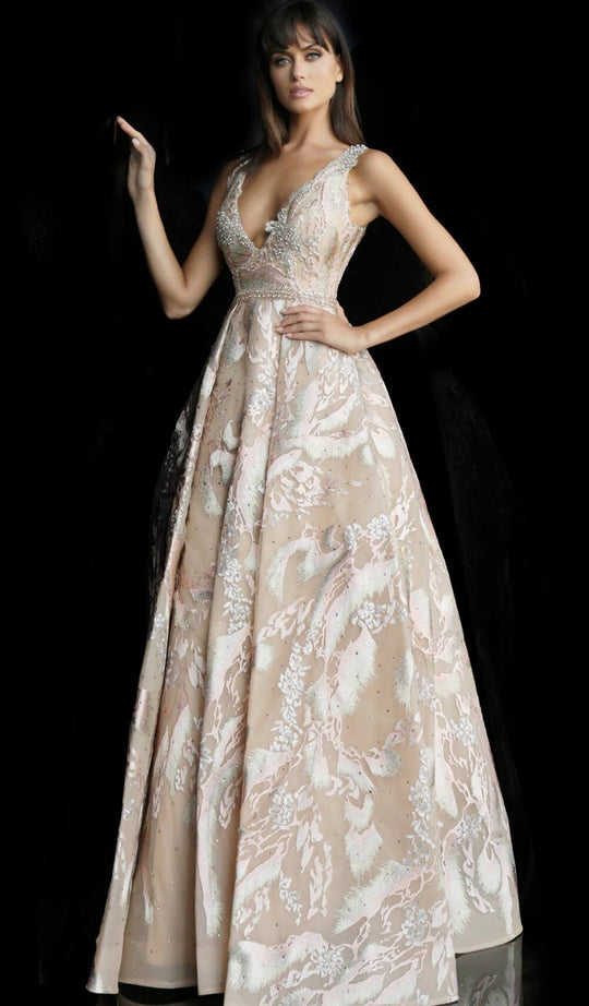 Jovani - Bedazzled Plunging V-neck Ballgown 62144 In Neutral