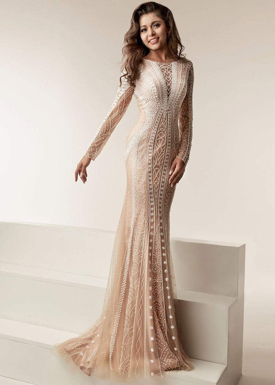 Jasz Couture - 6214 Long Sleeved Sheath Embellished Gown In Neutral