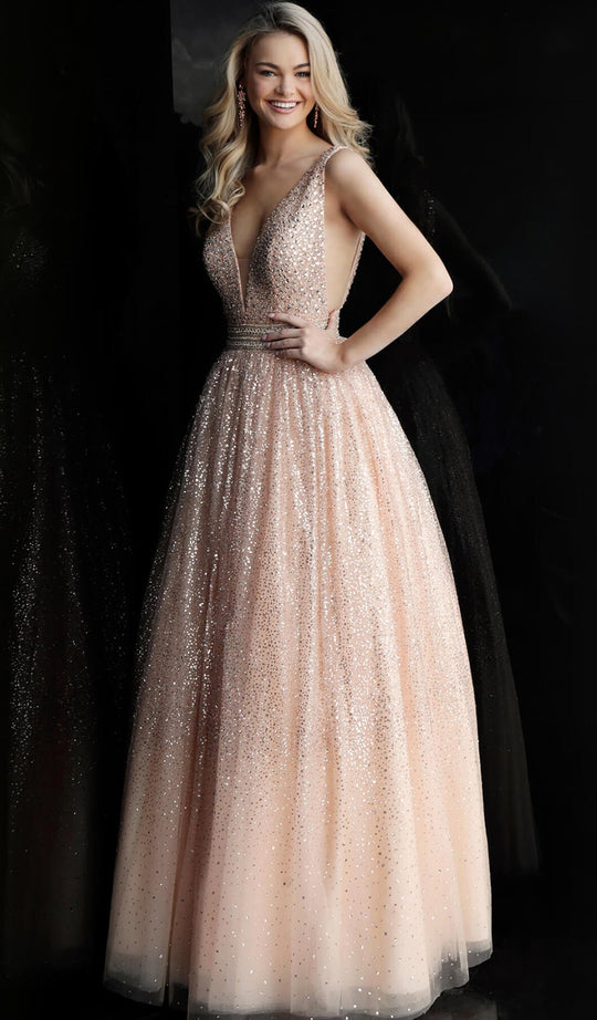 Jovani - 62170 Plunging V-Neck Glitter Tulle Ballgown