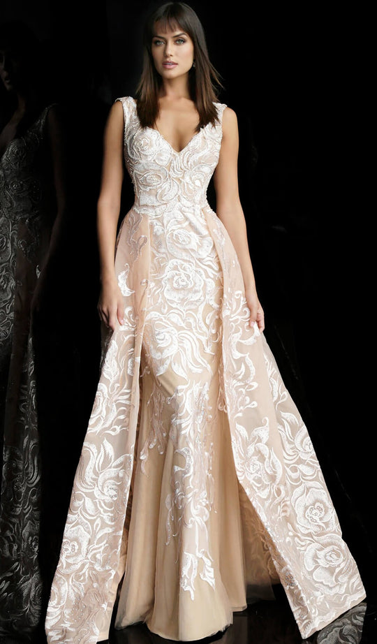 Jovani - 62173 Floral Embroidered Plunging V-neck Trumpet Dress In Neutral