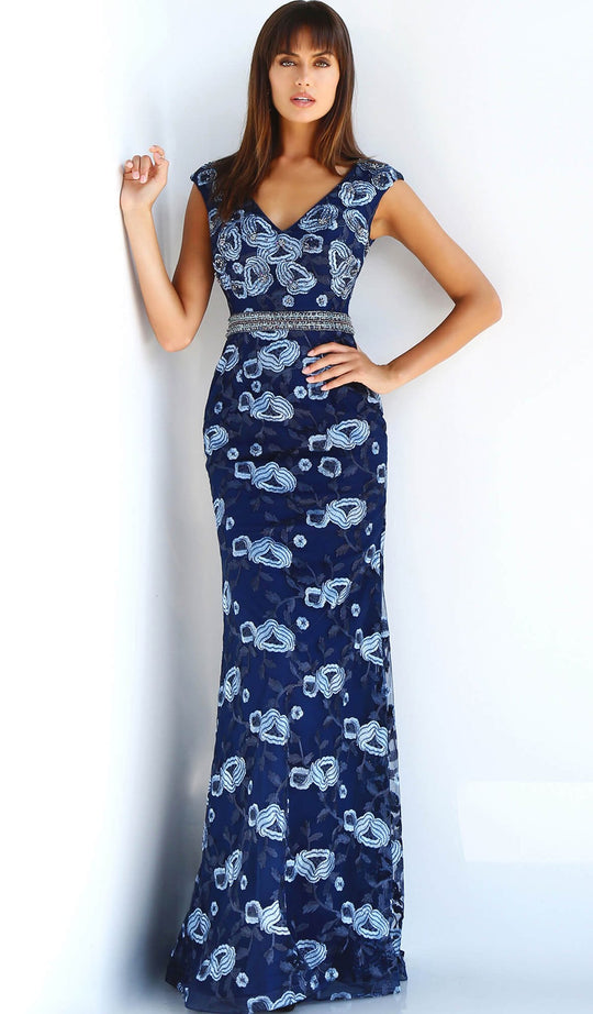 Jovani - 62174 Embellished Cap Sleeve V-neck Trumpet Dress In Blue