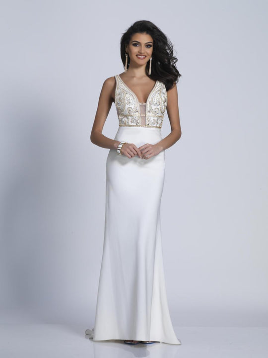 Dave & Johnny - A6217 Deep V-neck Embellished Fitted Gown in White