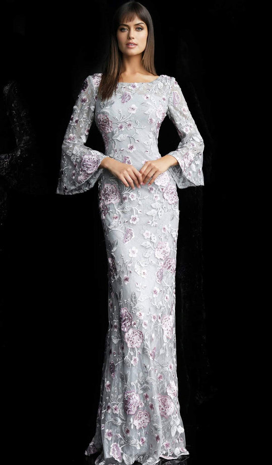 Jovani - Floral Embroidered Bateau Sheath Evening Gown 62191 in Gray and Purple