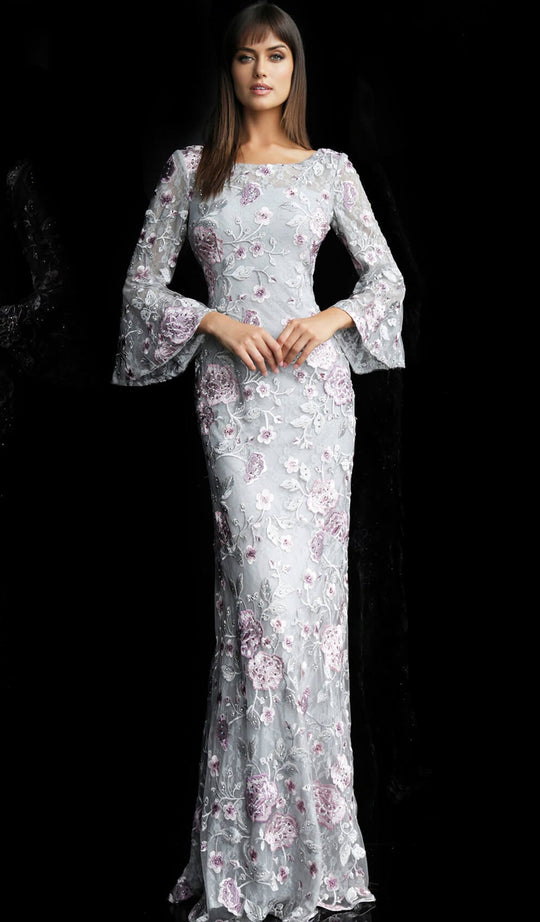 Jovani - 62191 Floral Embroidered Bateau Sheath Dress In Gray and Purple
