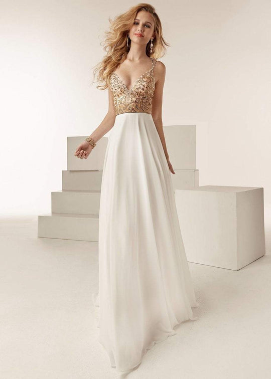 Jasz Couture - 6221 Paisley Embellished Bodice Chiffon A-Line Gown In White and Gold