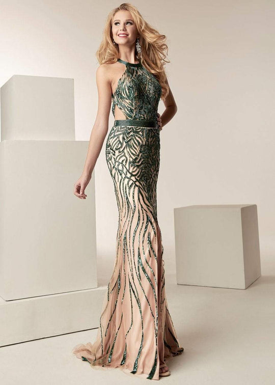 Jasz Couture - 6223 High Halter Contrast Adorned Cutout Sheath Gown In Green and Neutral