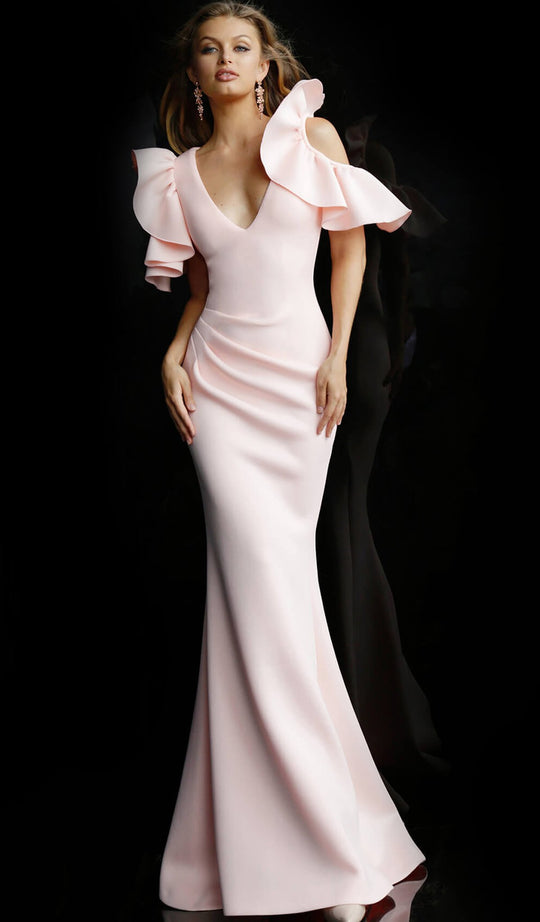 Jovani - 62246 Ruffled Deep V-neck Mermaid Dress In Pink
