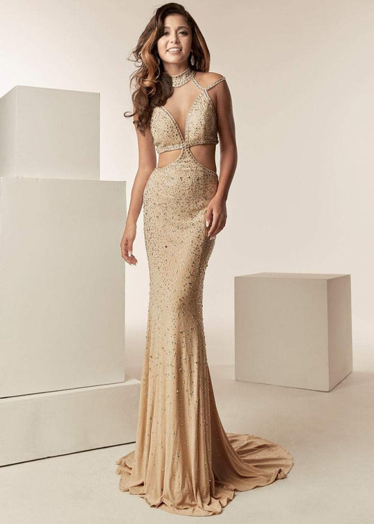 Jasz Couture - 6225 Beaded High Neck Jersey Sheath Dress In Neutral