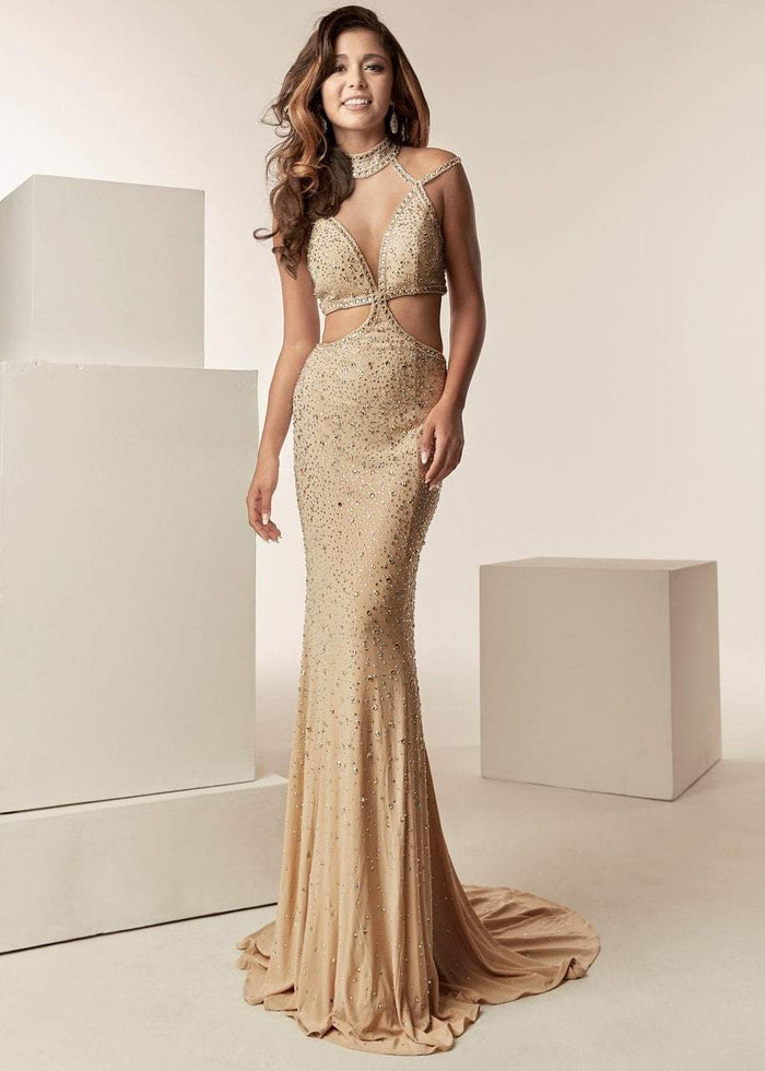 Jasz Couture - 6225 Beaded High Neck Jersey Sheath Dress In Neutral