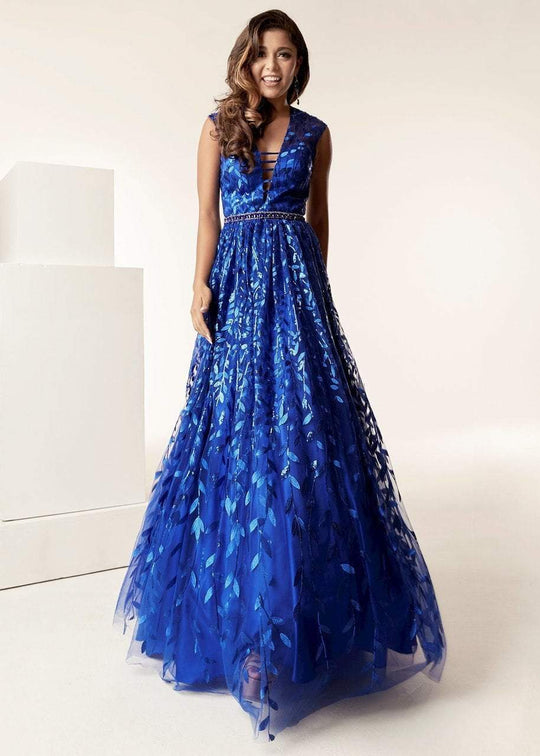 Jasz Couture - 6226 Cap Sleeve Sequined Foliage A-Line Gown In Blue