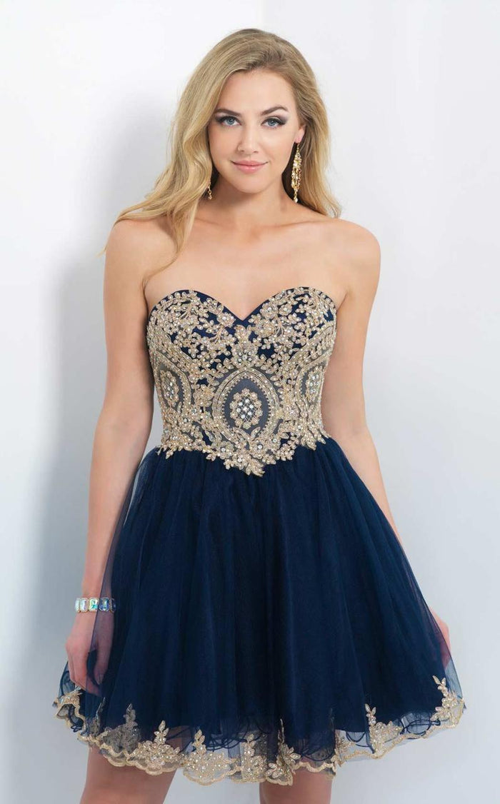 Blush - Embellished Sweetheart Short A-line Dress 10067 in Blue and Gold