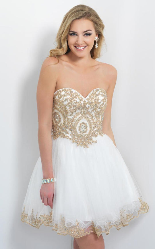 Blush - Embellished Sweetheart Short A-line Dress 10067 In White and Gold