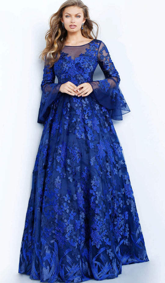 Jovani - 62294 Floral Embroidered Long Bell Sleeve Bateau Ballgown In Blue