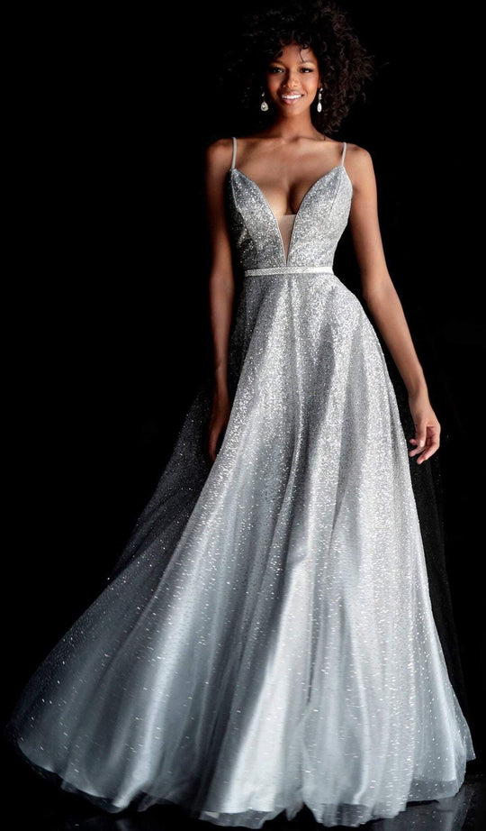 Jovani - 62301 Plunging Sweetheart Glitter Tulle Ballgown in Silver