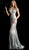Jovani - 62305 Metallic Embellished Deep Halter V-neck Trumpet Dress in Silver