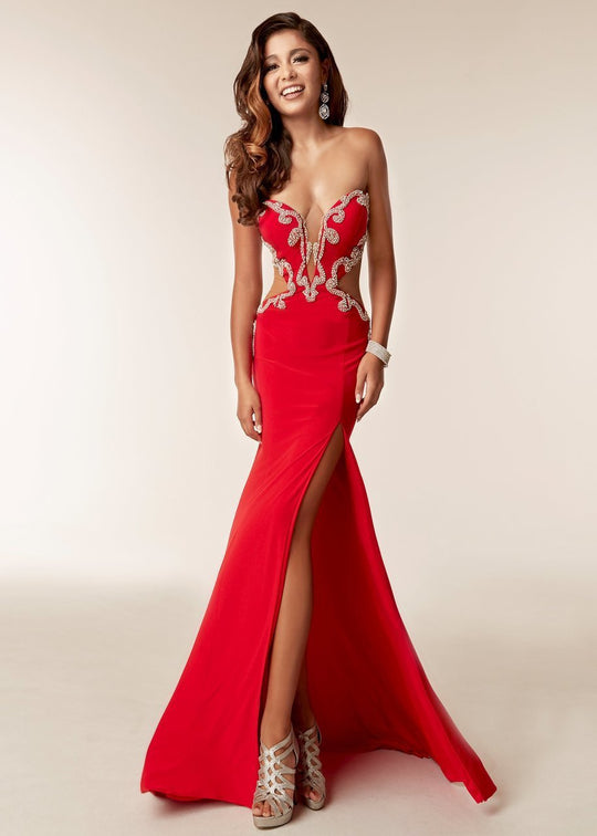 Jasz Couture - 6230 Embellished Deep Sweetheart Sheath Dress In Red