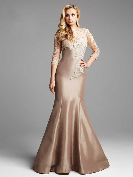 Mac Duggal Couture - 62315 Illusion Quarter Sleeve Trumpet Gown In Brown and Neutral