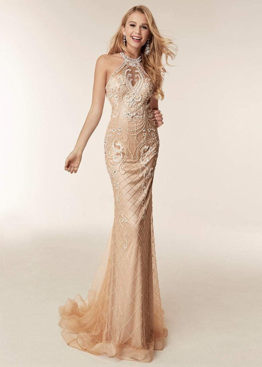 Jasz Couture - 6229 High Neck Embellished Sheath Gown In Neutral