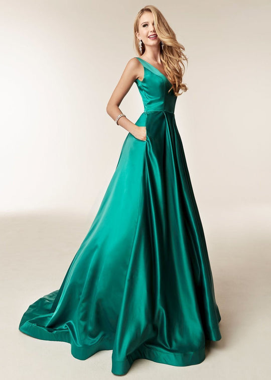 Jasz Couture - 6232 Sleeveless Plunging V-Neck Satin Ballgown In Green