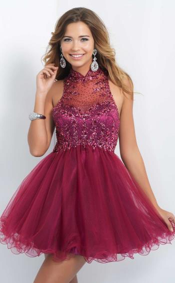 Intrigue - Beaded Illusion High Neckline Fit and Flare Dress 100 in Red