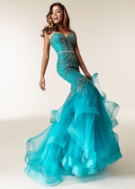 Jasz Couture - 6233 Strapless Sweetheart Crystal Tulle Mermaid Gown In Blue and Green