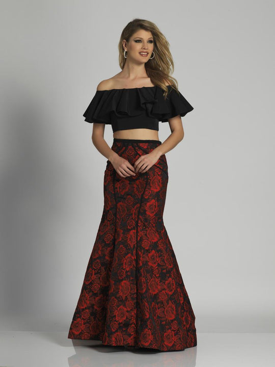 Dave & Johnny - A6235 Off-Shoulder Two-Piece Mermaid Gown in Red and Black