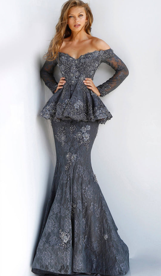 Jovani - 62380 Lace Embroidered Off-Shoulder Mermaid Dress In Gray