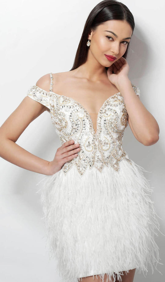 Jovani - 62381 Plunging Off Shoulder Fringed Sheath Dress in White