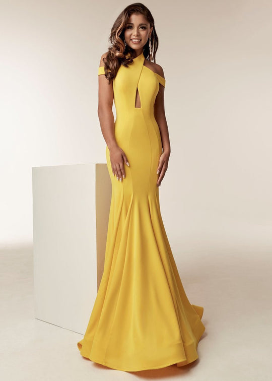 Jasz Couture - 6238 Crisscrossed Bodice High Neck Mermaid Gown In Yellow