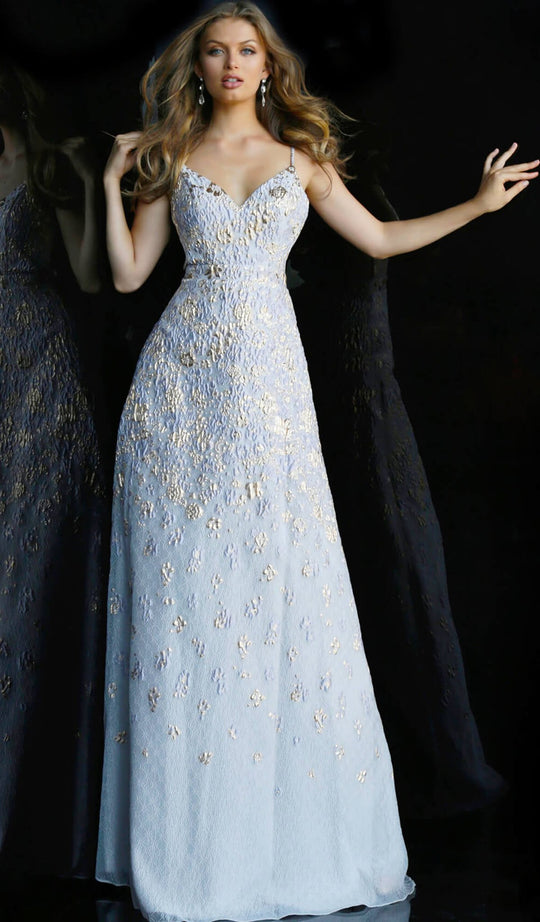 Jovani - 62460 Metallic V-neck A-line Dress In Silver and Gold