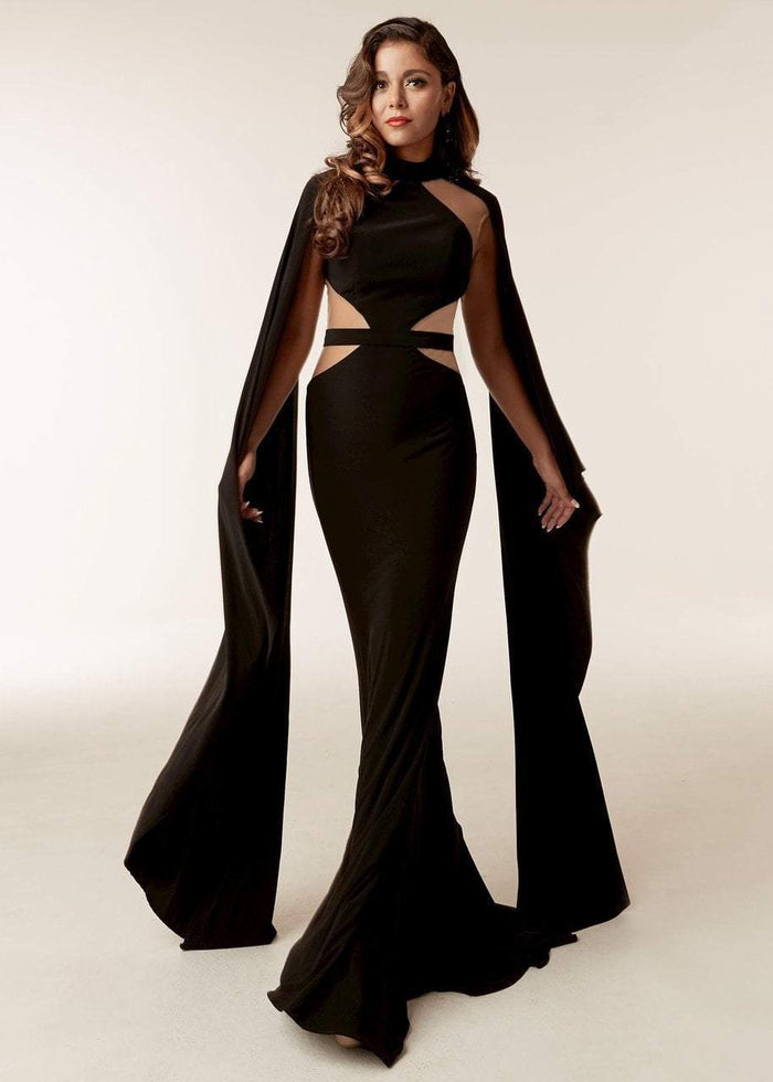 Jasz Couture - 6246 Fitted High Neck Jersey Dress With Draping In Black