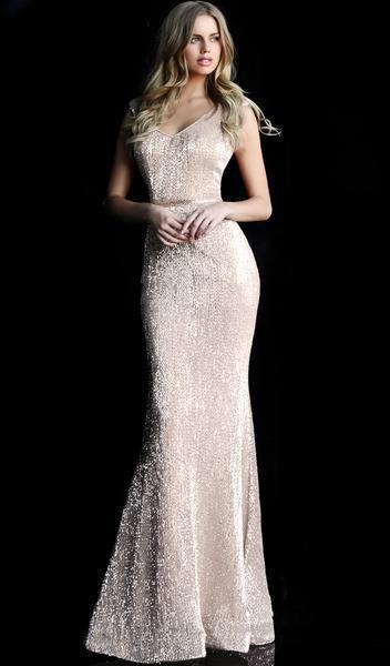 Jovani - Allover Sequin V Neck Sheath Gown 62499 In Neutral