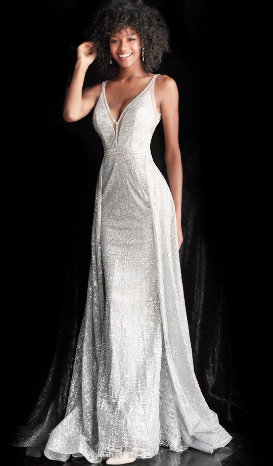 Jovani - 62515 Glitter Embellished Deep V-neck Dress With Overskirt in Silver