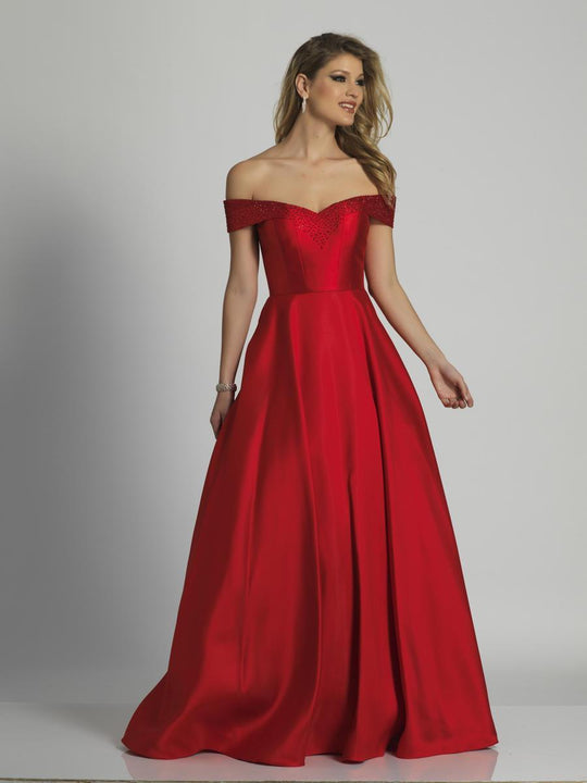 Dave & Johnny - A6251 Gem-Dotted Sleek Off-Shoulder A-line Gown In Red