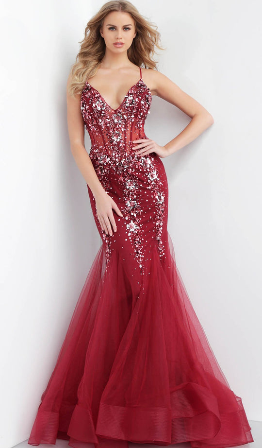 Jovani - 62526 Embellished Plunging V-neck Mermaid Dress in Red