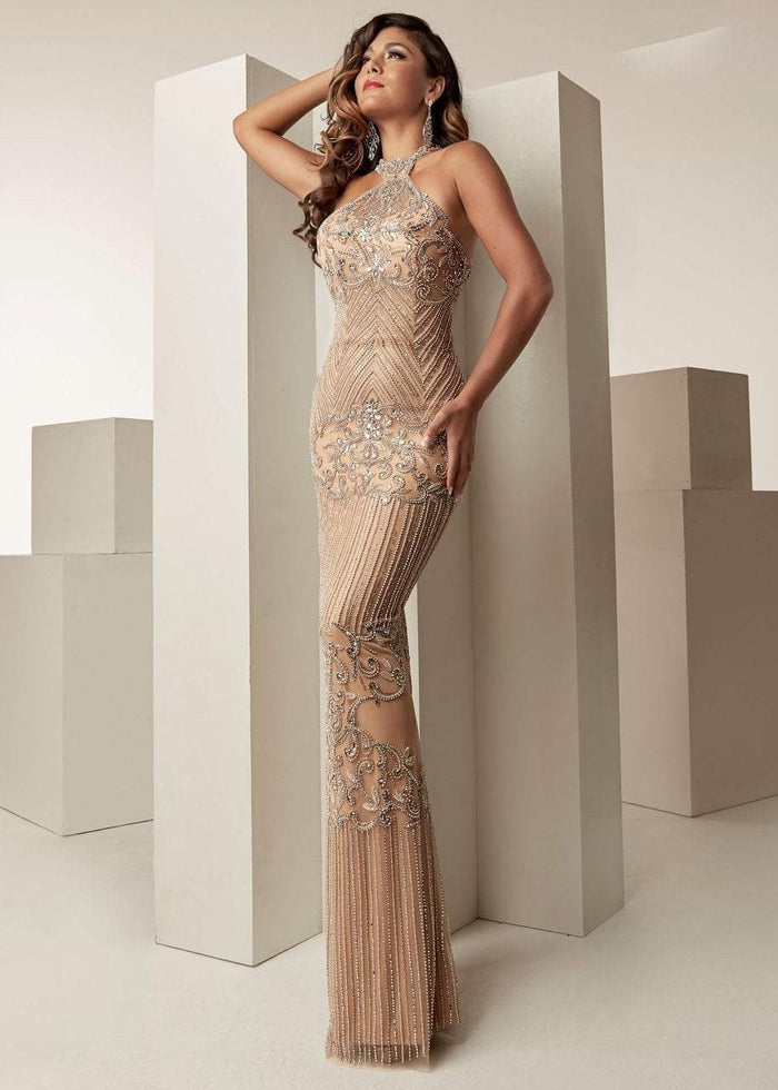Jasz Couture - 6256 Embellished Halter Neck Sheath Gown In Neutral
