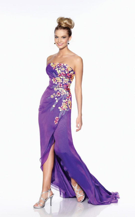 Mon Cheri - Floral Ornate Strapless High Slit Long Gown 116506 in Purple