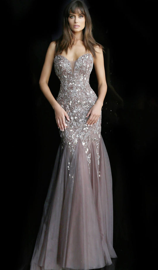 Jovani - 62587 Embroidered Deep Sweetheart Trumpet Dress In Gray