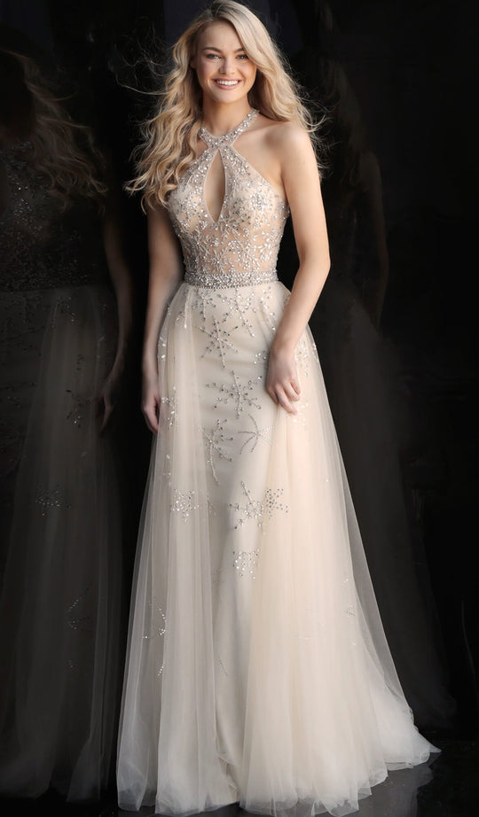 Jovani - 62602 Halter Cutout Crystal Ornate Overskirt Gown In Neutral