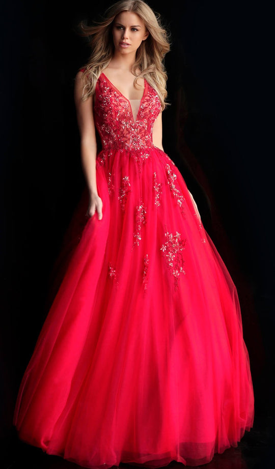 Jovani - 62619 Embellished Deep V-neck Ballgown With Open back in Red