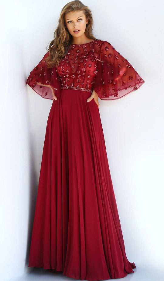 Jovani - 62626 Sheer Beaded Bodice Flared Sleeves Evening Dress In Red