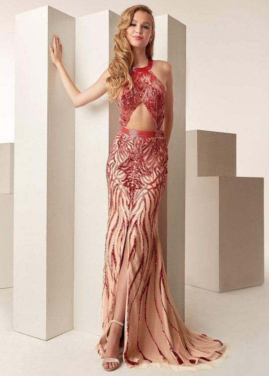 Jasz Couture - 6262 Halter Neck Embellished Fitted Gown In Red