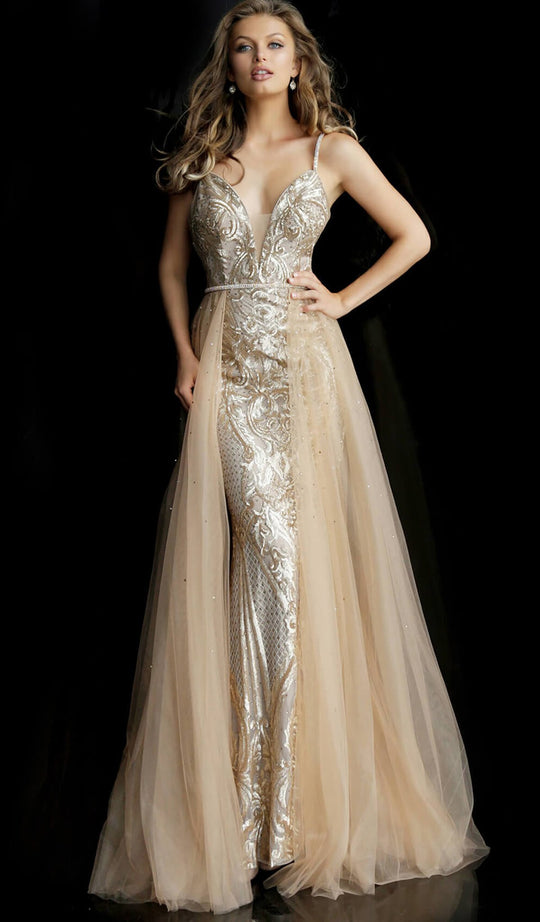 Jovani - 62630 Embroidered Deep V-neck Trumpet Dress With Overskirt In Gold