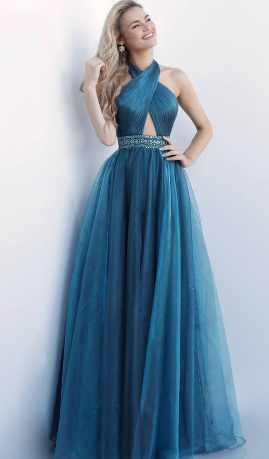 Jovani - 62636 Criss Cross Halter Ruched Embellished Ballgown in Blue