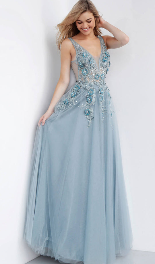 Jovani - 62669 Ornate Floral Appliqued Plunging Tulle Gown in Blue